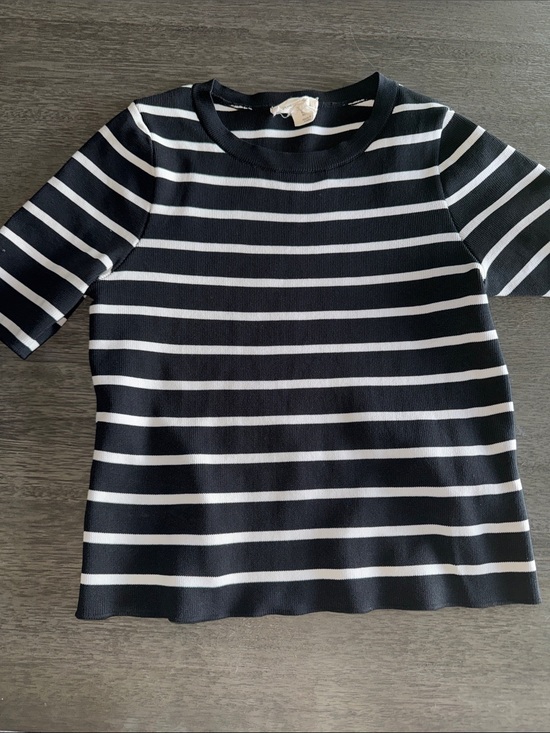 Happily Grey Tops - Womans Black & White Stripe Short Sleeve Top - Classic Knit